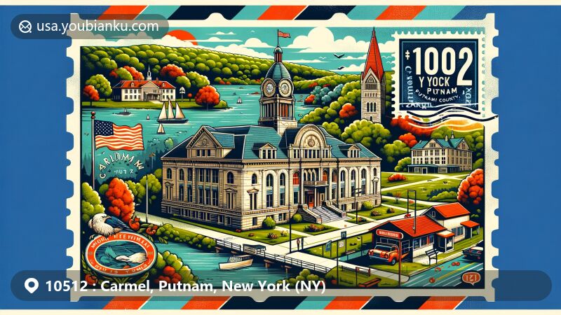 Vintage-style illustration of Carmel, Putnam County, New York, showcasing iconic landmarks including Putnam County Courthouse and Lake Mahopac, alongside town hall and Carmel High School, enveloped in lush natural beauty and postal elements.