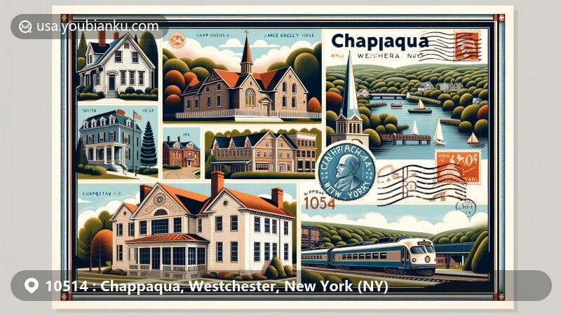 Illustration featuring Chappaqua, Westchester, New York (NY) with postal theme and key landmarks, including Horace Greeley House, Church of Saint Mary the Virgin, and Chappaqua Railroad Depot.