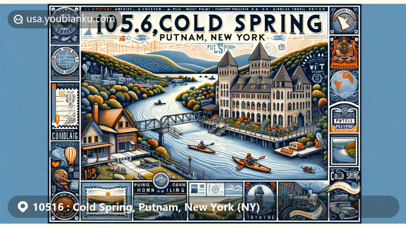 Modern illustration of Cold Spring, Putnam, New York, featuring iconic landmarks like Bannerman Castle, West Point Foundry Preserve, and Main Street. Hudson River with kayakers and postal theme elements.