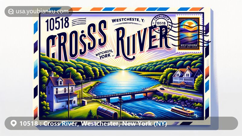Modern illustration of Cross River, Westchester, New York, featuring Cross River Reservoir and postal theme with ZIP code 10518, including vintage postage stamp, postmark, and old-fashioned mailbox design.