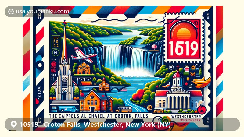 Modern illustration of Croton Falls, Westchester, New York, showcasing postal theme with ZIP code 10519, featuring landmarks like the Croton Falls Chapel, Community Church, and scenic Croton Gorge Park.
