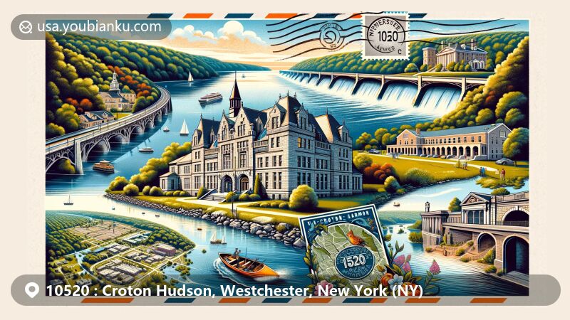 Modern illustration of Croton-on-Hudson, Westchester, New York, featuring Croton Gorge Park, Van Cortlandt Manor, Hudson River, and vintage postal elements with ZIP code 10520.