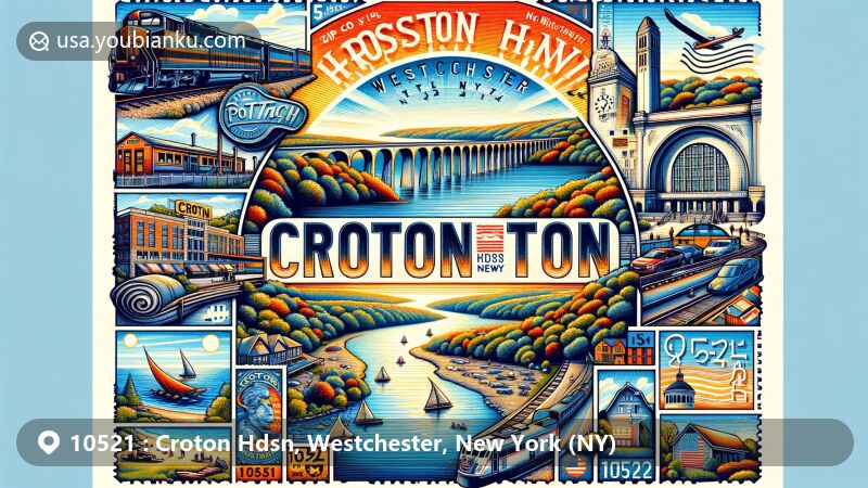 Modern illustration of Croton Hdsn, Westchester, New York, featuring Hudson River, Croton-Harmon train station, Croton Point Park, and Croton Aqueduct, blended with postal theme elements like stamps, postmarks, and ZIP code 10521.