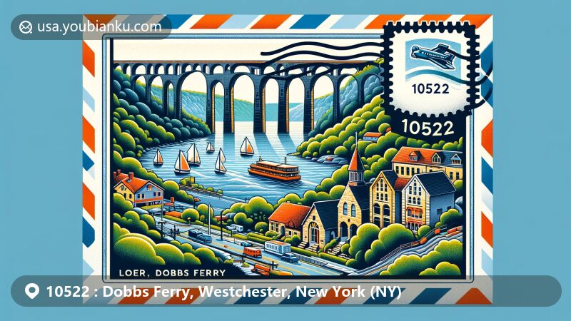Modern illustration of Dobbs Ferry, Westchester County, New York, showcasing the lower Hudson River, Palisades, and the historic Old Croton Aqueduct, designed like an air mail envelope with postal theme and featuring the unique charm of the village.