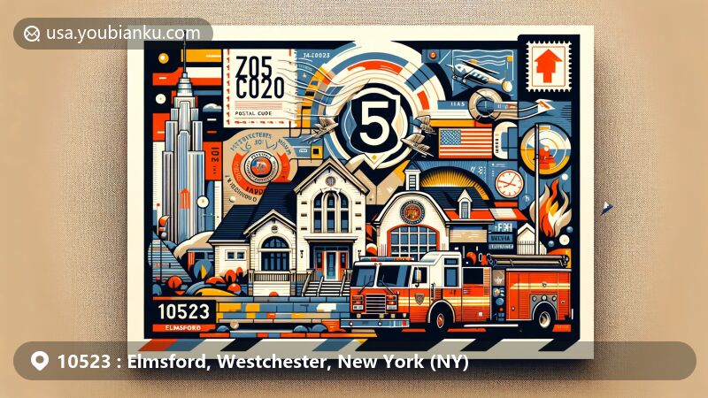 Creative illustration of Elmsford, Westchester, New York, depicting local landmarks including the Elmsford Fire Department and Westchester Broadway Theater, in a modern postcard or air mail envelope design with vibrant cityscape background.