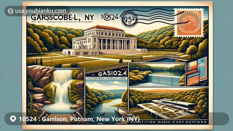 Modern illustration of Garrison, Putnam County, New York, capturing postal theme with ZIP code 10524, highlighting Boscobel mansion, Manitoga design center, Constitution Marsh Audubon Center, Hudson River, and vintage postcard design.