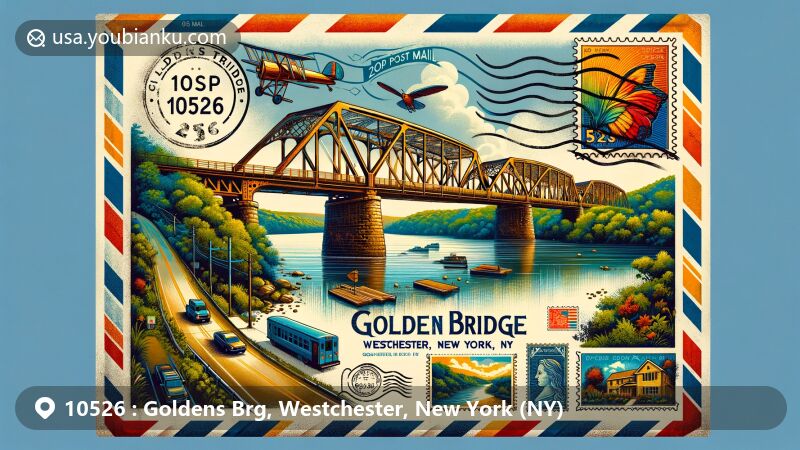 Contemporary depiction of Goldens Bridge, Westchester County, NY, featuring vintage air mail envelope with iconic Phoenix columns railroad truss bridge over Croton River and postal elements, commemorating ZIP code 10526.