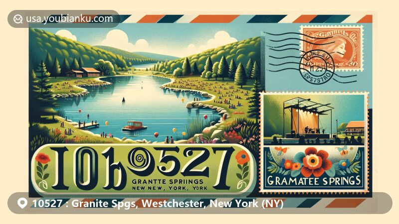 Vivid illustration of Granite Springs, Westchester County, New York, capturing pastoral landscape with lush greenery, tranquil water reservoirs, and people enjoying outdoor music concert, featuring vintage postal elements like postcard layout, airmail envelope, and postage stamp inscribed with ZIP code 10527.
