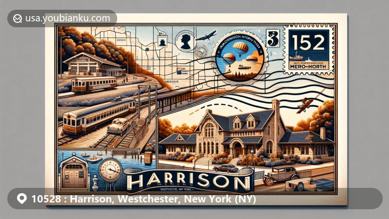 Modern illustration of the 10528 postal code in Harrison, Westchester, New York, featuring iconic landmarks like the Apawamis Club and Hadden-Margolis House, along with artistic depiction of Metro-North Railroad Station and postal elements.