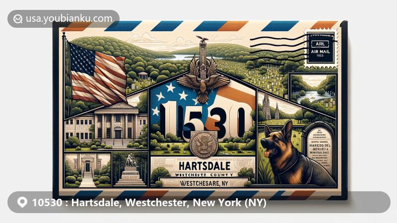 Modern illustration of Hartsdale, Westchester County, New York, featuring iconic air mail envelope showcasing Hartsdale Pet Cemetery, War Dog Memorial, New York State flag, and postal theme with ZIP code 10530.