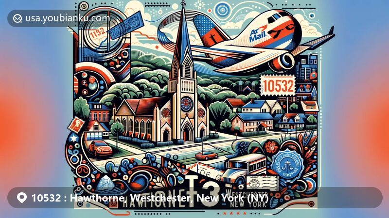 Modern illustration of Hawthorne, Westchester County, New York, portraying postal theme with air mail envelope, stamps, and postmark, featuring Holy Rosary Catholic Church, local greenery, residential buildings, New York state flag, and Westchester County outline.