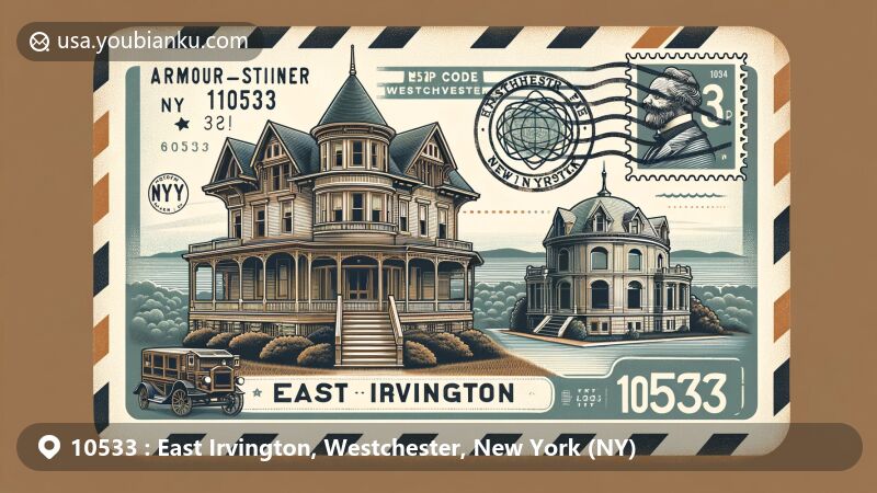 Vintage-style illustration of Armour-Stiner Octagon House and Villa Lewaro in East Irvington, Westchester, New York, featuring postal elements with ZIP code 10533 in a wide airmail envelope design.