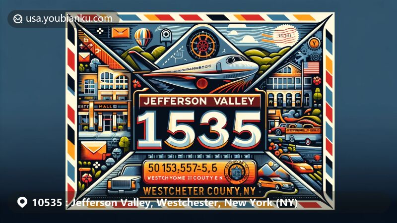 Modern illustration of Jefferson Valley, Westchester County, New York, showcasing postal theme with ZIP code 10535, featuring Jefferson Valley Mall and iconic symbols of Westchester County and New York state.