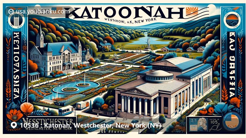 Modern illustration of Katonah, Westchester County, New York, showcasing iconic landmarks like John Jay Homestead State Historic Site and Katonah Museum of Art, along with Caramoor Center for Music and the Arts, set against picturesque natural scenery.