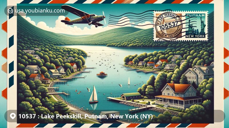 Modern illustration of Lake Peekskill, Putnam, New York, featuring a scenic view with lush greenery, summer cottages, and a postal theme with ZIP code 10537, showcasing iconic New York State landmarks on stamps.