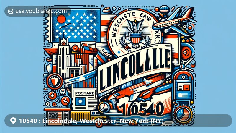 Modern illustration of Lincolndale, Westchester County, New York, featuring New York state flag, Westchester County outline, and postal elements like postcard shape, '10540' postage stamp, postmark, and mailbox.