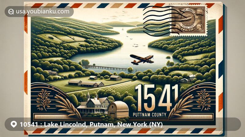 Vintage illustration of Putnam County, New York, showcasing ZIP code 10541, featuring scenic Putnam Lake, lush greenery, rolling hills, old Valleyville, and dairy farm history, with postal elements like vintage stamp and '10541' postmark.