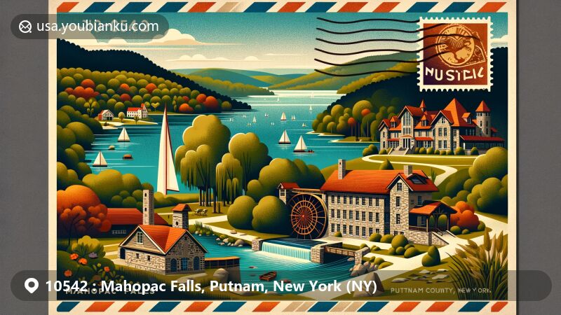 Modern illustration of Mahopac Falls, Putnam, New York, featuring Lake Mahopac, Massaro House, Red Mills Historic Park, and scenic Putnam County hills. Vintage airmail envelope with 'Mahopac Falls, NY 10542' and post office symbol.
