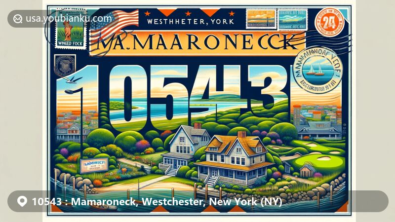 Modern illustration of Mamaroneck, Westchester County, New York, showcasing postal theme with coastal views of Long Island Sound, the iconic 'Mamaroneck Skinny House', and stylized Winged Foot Golf Club, centered around ZIP code 10543.