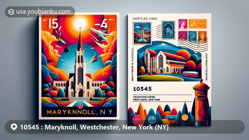 Modern illustration of Maryknoll, Westchester, New York, featuring ZIP code 10545, showcasing iconic Maryknoll Society Center & Seminary Building and local landscape of Ossining's Sunset Hill, with vintage postal elements.