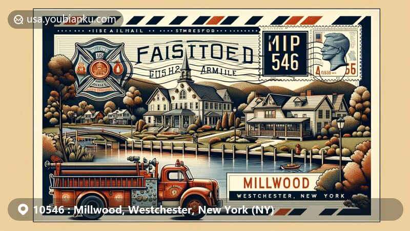 Vintage-style illustration of Millwood, Westchester County, New York, showcasing postal theme with ZIP code 10546, featuring iconic Millwood Fire House and historic Travelers Rest.
