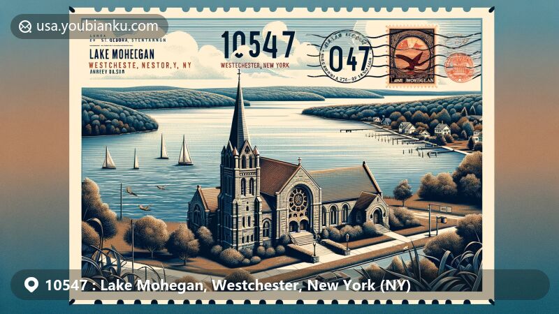 Modern illustration of Lake Mohegan, Westchester, New York, showcasing natural beauty and historic landmarks, including St. George's Church, in a postcard style with a visible postage stamp and ZIP code 10547.