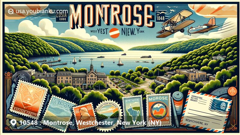 Modern illustration of Montrose, Westchester County, New York, showcasing George's Island Park and the Hudson River, with lush greenery and water views, featuring postal theme with vintage airmail envelope, Westchester County postage stamp, 10548 ZIP Code postmark, and iconic postal imagery like mailbox and postal truck.