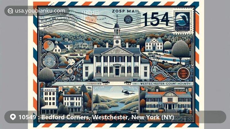 Modern illustration of Bedford Corners, Westchester County, New York, featuring postal theme with ZIP code 10549, showcasing Bedford Village Historic District and natural beauty of the area.