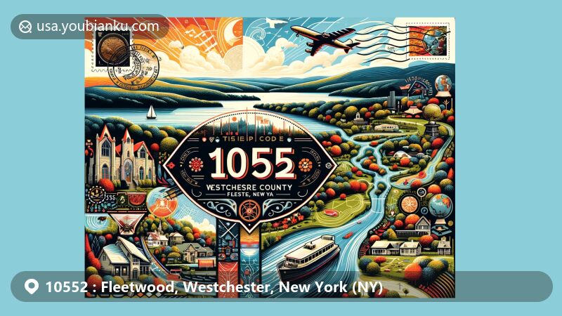 Modern postcard design for Fleetwood, Westchester, NY with ZIP code 10552, featuring natural & cultural elements of Westchester County and stylized representation of Fleetwood.