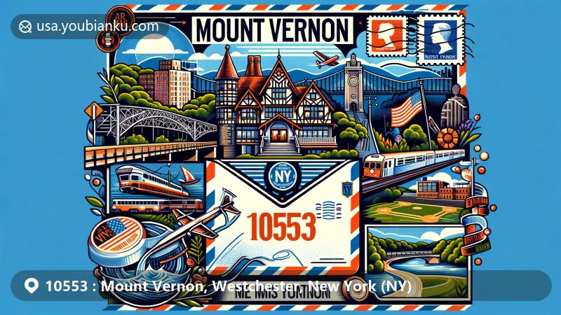Modern illustration of Mount Vernon, Westchester, New York, showcasing postal theme with ZIP code 10553, featuring Willson's Woods Park, Brush Park, Highbrook Avenue Bridge, New York state flag, and skyline silhouette.