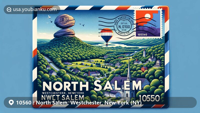 Artistic representation of North Salem, Westchester, New York, featuring iconic Balanced Rock and lush greenery against a backdrop of a wide-format air mail envelope, incorporating postal stamp with New York State flag and 10560 ZIP code.