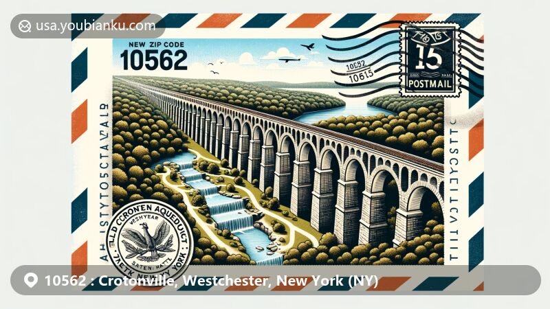 Modern illustration of Crotonville, Westchester, New York (NY), showcasing Old Croton Aqueduct State Historic Park from aerial perspective, highlighting its 19th-century engineering marvel and significance as water source for New York City.