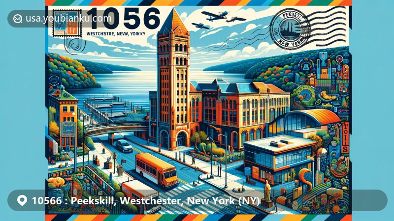 Modern illustration of Peekskill, Westchester, New York, featuring historic Downtown with Moorish Revival tower against backdrop of Hudson River, Waterfront art scene, and postal elements including ZIP code 10566.