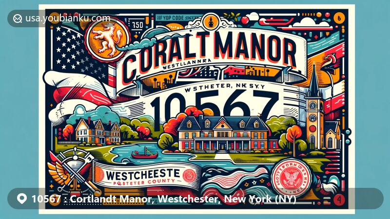 Modern illustration of Cortlandt Manor, Westchester County, New York, highlighting postal theme with ZIP code 10567, featuring postcard design and New York state symbols.