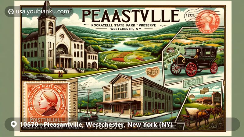 Modern illustration of Pleasantville, Westchester, New York (NY), featuring Rockefeller State Park Preserve and Jacob Burns Film Center, incorporating vintage postal elements like stamps and postmark, highlighting the serene natural environment and postal heritage.