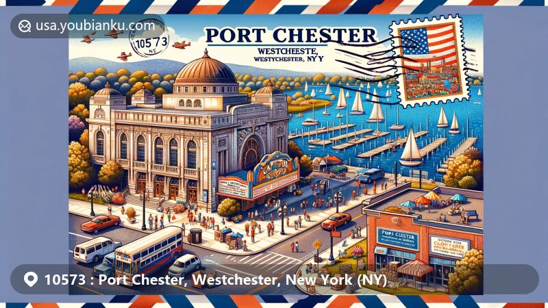 Vibrant illustration of Port Chester, Westchester County, NY, featuring Capitol Theatre and maritime elements, with street fairs, art festivals, and cultural celebrations, in a modern style with postal theme and natural park backgrounds.