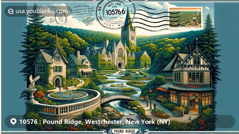 Modern illustration of Pound Ridge, Westchester, New York, featuring Pound Ridge Nature Reserve, Leatherman's Cave, historic district, and Caramoor Center for Music and the Arts, highlighting natural beauty, cultural vibrancy, and postal theme with ZIP code 10576.