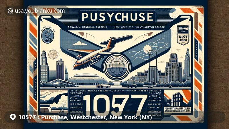 Modern illustration of Purchase, Westchester, New York (NY), highlighting postal theme with ZIP code 10577, featuring iconic landmarks like Donald M. Kendall Sculpture Gardens and Neuberger Museum of Art, capturing area's affluent and educational identity.