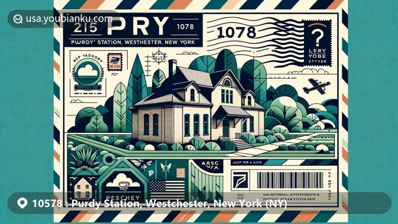 Modern illustration of Purdy Station, Westchester, New York, showcasing a postal theme with ZIP code 10578, featuring the simplified and stylized image of Purdy's station on the front of an airmail envelope, emphasizing its simple design and green surroundings, reflecting the station's simplicity and natural environment.