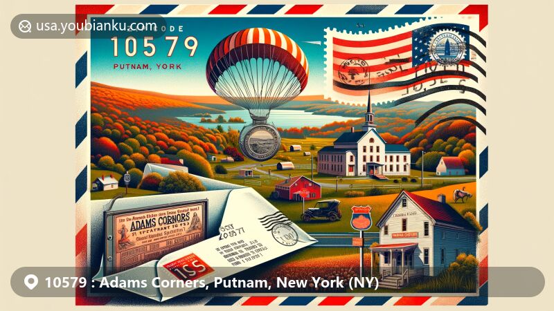 Vintage illustration of Adams Corners, Putnam County, New York, featuring postal theme with ZIP code 10579, highlighting historical markers, local landmarks, and natural beauty of the region, alongside traditional postal elements like vintage stamps and mailboxes.
