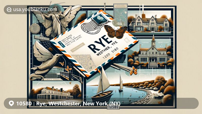 Artistic depiction of Rye, Westchester, New York, showcasing ZIP code 10580 on a creatively designed postal envelope with a stylized postal stamp of the Jay Estate, surrounded by waterfront, butterfly sculptures, and a chic downtown area.