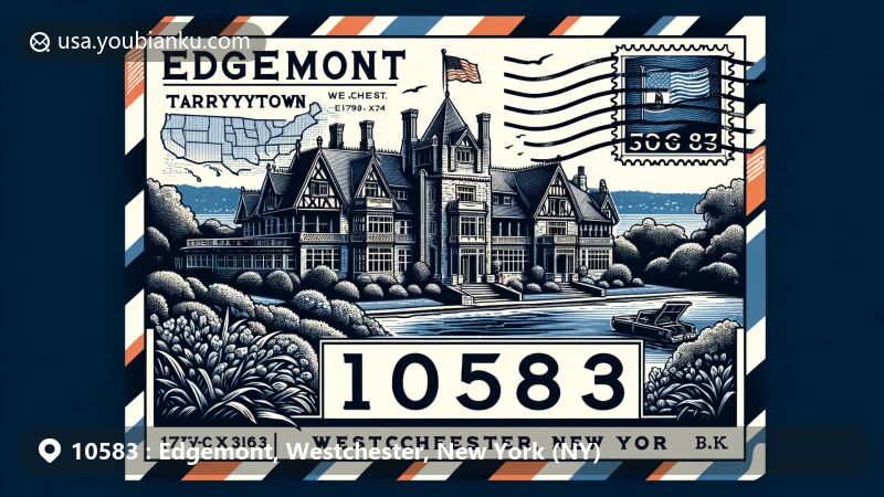 Modern illustration of Edgemont area, Westchester County, New York, highlighting historic landmark Lyndhurst mansion in Tarrytown, featuring Westchester County outline and New York State flag, with postal theme including stamp, postmark, and ZIP code 10583.