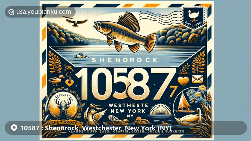 Modern illustration of Shenorock, Westchester, New York (NY), featuring vintage airmail envelope with ZIP code 10587, serene depiction of Lake Shenorock, local wildlife, stylized New York state map, and postal theme.