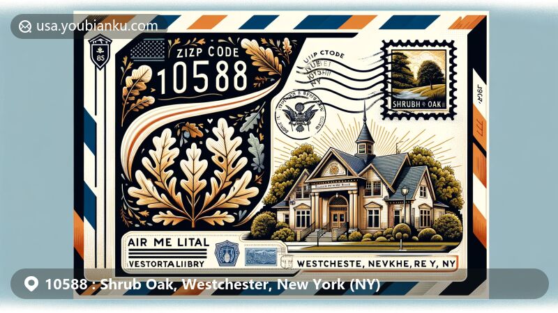 Modern illustration of Shrub Oak, Westchester County, New York, featuring postal theme with ZIP code 10588, showcasing John C. Hart Memorial Library, New York State flag, and oak leaf motifs.
