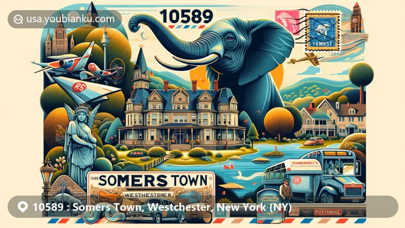 Modern illustration of Somers Town, Westchester, New York, showcasing Elephant Hotel, iconic Old Bet statue, natural landscapes, and postal theme with ZIP code 10589. Stylish and captivating design for web use.