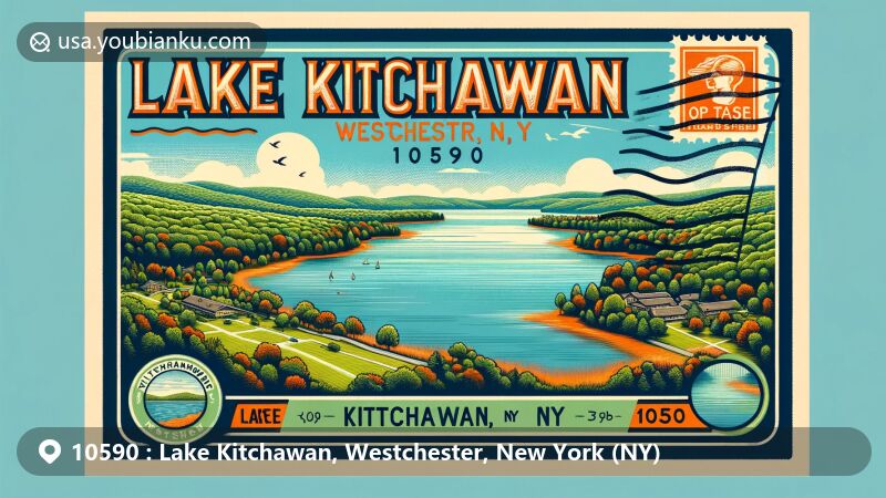Modern illustration of Lake Kitchawan, Westchester, New York, showcasing postcard theme with ZIP code 10590, featuring Kitchawan Preserve and vibrant landscapes.