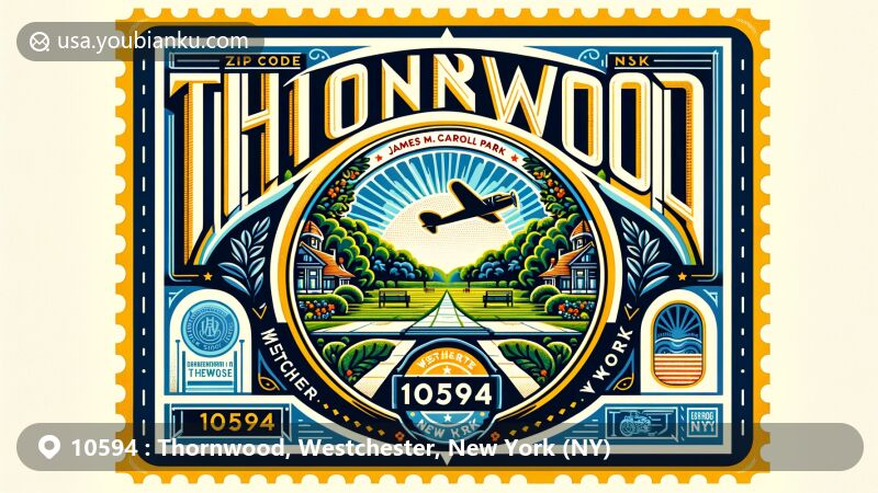 Modern illustration of Thornwood, Westchester, New York, showcasing postal theme with ZIP code 10594, featuring James M. Carroll Park and Carl Zeiss Corporation logo, as well as stylized New York state flag. Includes postal elements like postmark, vintage-style stamp, and classic mailbox.