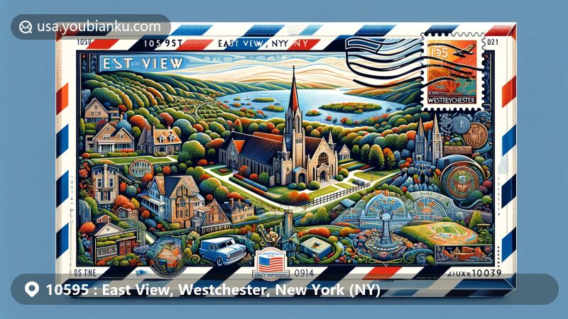 Modern illustration of East View, Westchester, New York, showcasing postal theme with ZIP code 10595, featuring John Jay Homestead, Kykuit, Sleepy Hollow's Old Dutch Church, and Westchester County map.