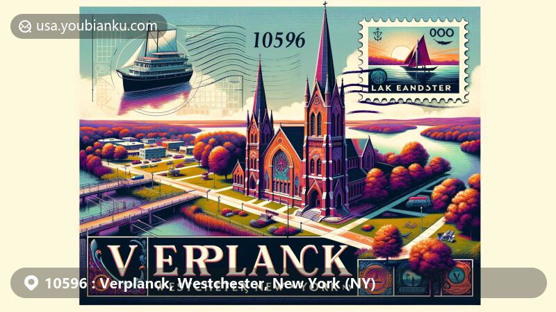 Modern illustration of Verplanck, Westchester County, New York, showcasing St. Patrick’s Catholic Church surrounded by natural park settings like Steamboat Riverfront Park, Cortlandt Waterfront Park, and Lake Meahagh Park, with a postal theme featuring Half Moon ship on a stamp and ZIP code 10596.