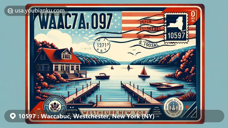 Vintage-style airmail envelope design for ZIP code 10597 in Waccabuc, Westchester, NY, featuring Lake Waccabuc, Waccabuc Country Club boathouse, abstract depictions of Marilyn Monroe and Arthur Miller, New York state flag stamp, and postal label 'Waccabuc, NY 10597'.